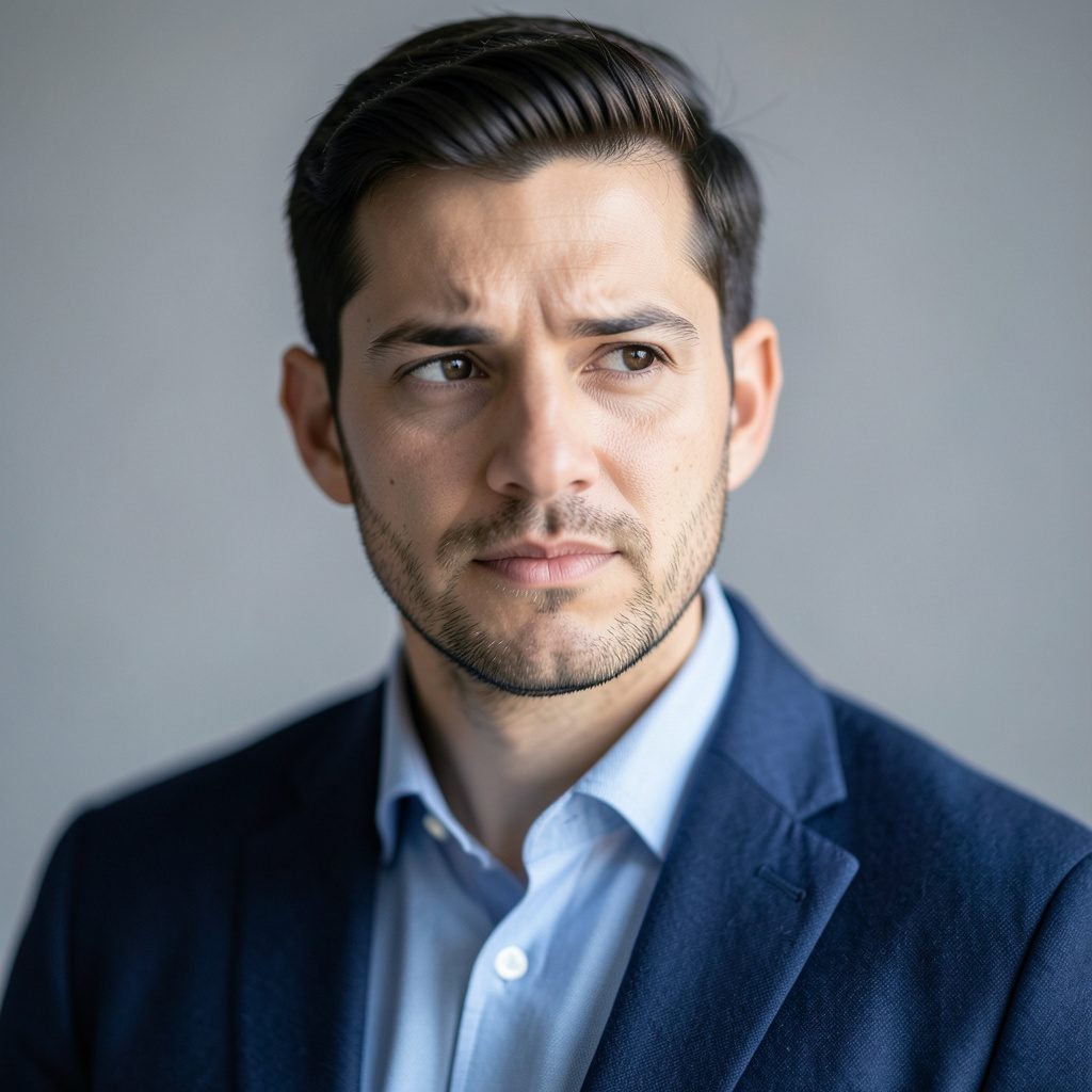Portrait of a team member with a thoughtful expression, wearing smart-casual clothing against a soft gray backdrop